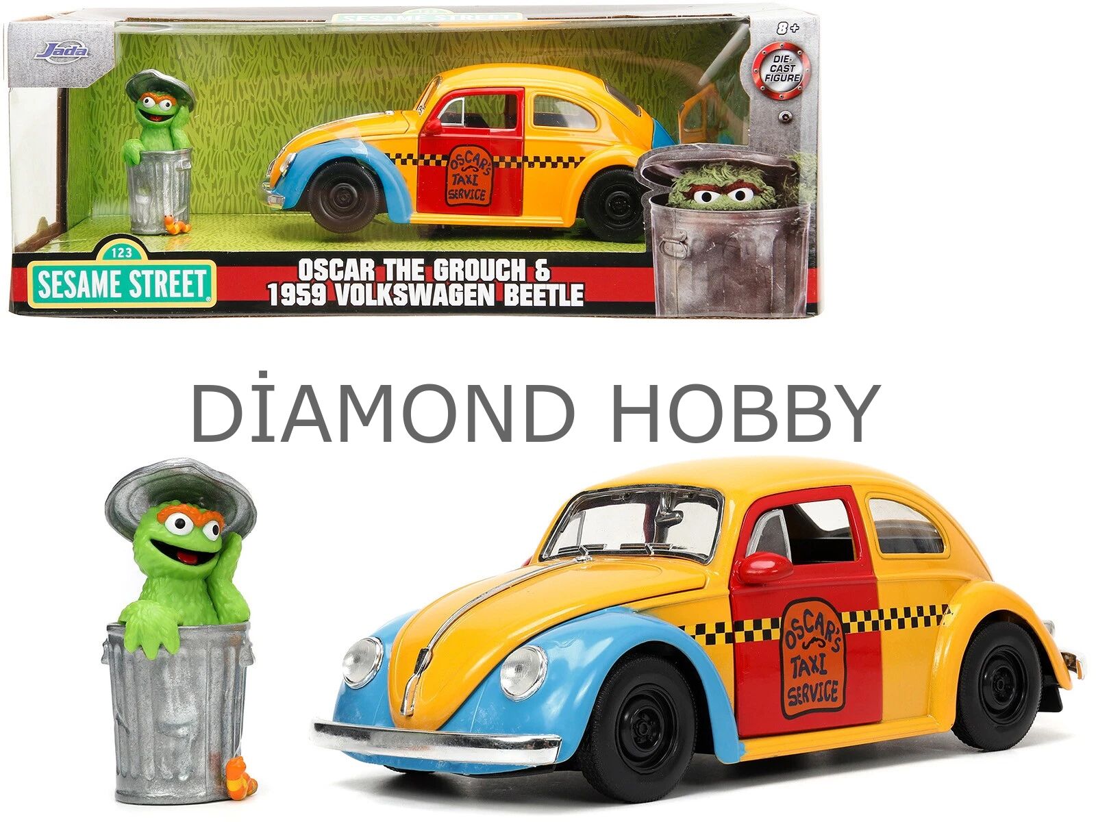 JADA TOYS SESAME STREET OSKAR THE GROUCH& 1959 VW BEETLE..1/24 ÖLÇEK